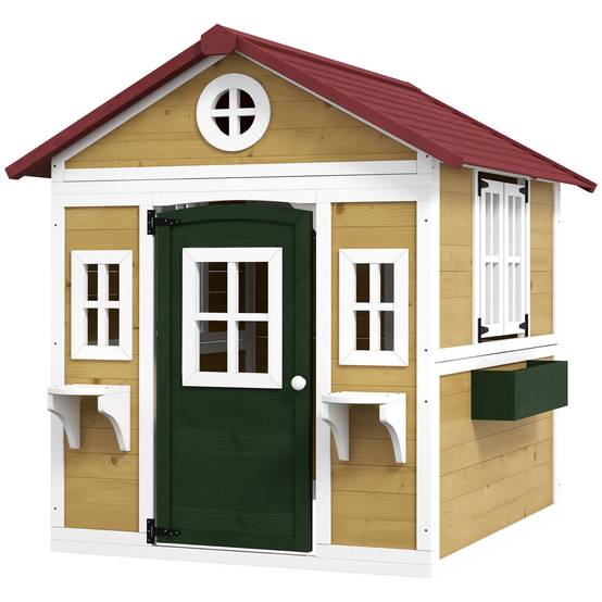 Cabane enfant extérieur maison enfant extérieure avec porte fenêtres et jardinières 114 x 126,4 x 135 cm beige - Image 2