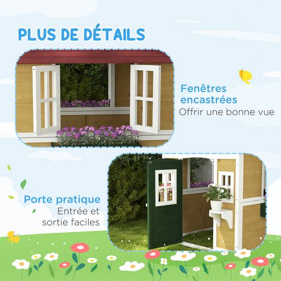 Cabane enfant extérieur maison enfant extérieure avec porte fenêtres et jardinières 114 x 126,4 x 135 cm beige - Image 9