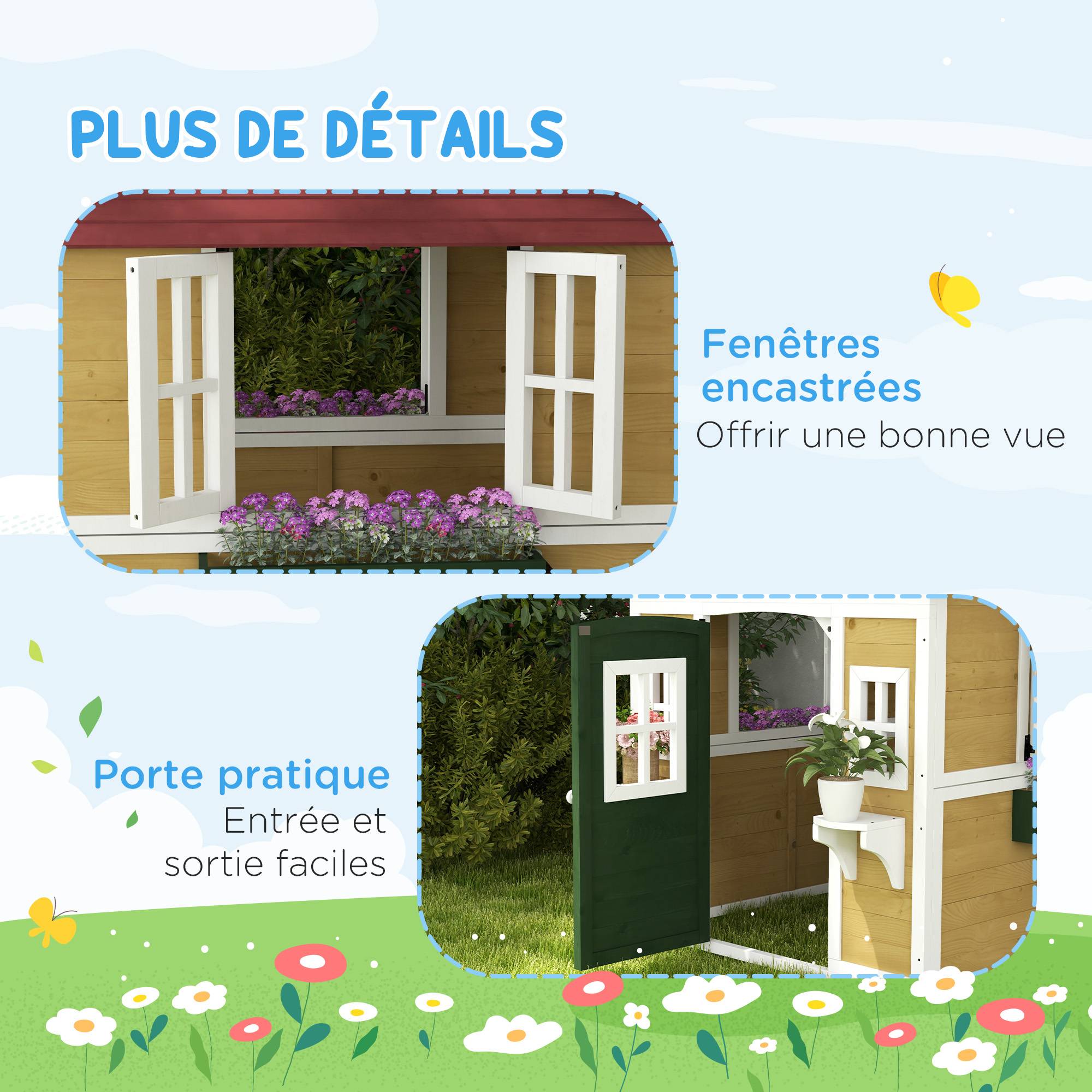 Cabane enfant extérieur maison enfant extérieure avec porte fenêtres et jardinières 114 x 126,4 x 135 cm beige - Image 9