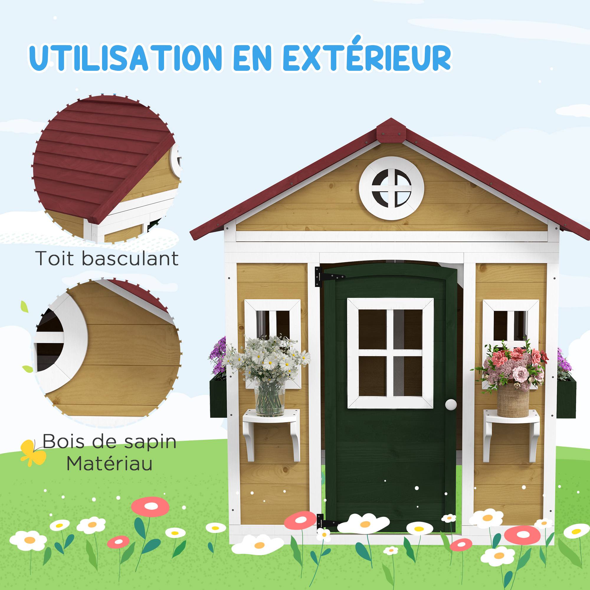 Cabane enfant extérieur maison enfant extérieure avec porte fenêtres et jardinières 114 x 126,4 x 135 cm beige - Image 7