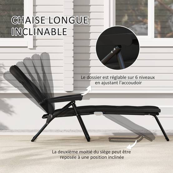Bain de soleil pliable transat inclinable 6 positions avec matelas 153x58.5x89cm Acier Noir fr28 - Image 6