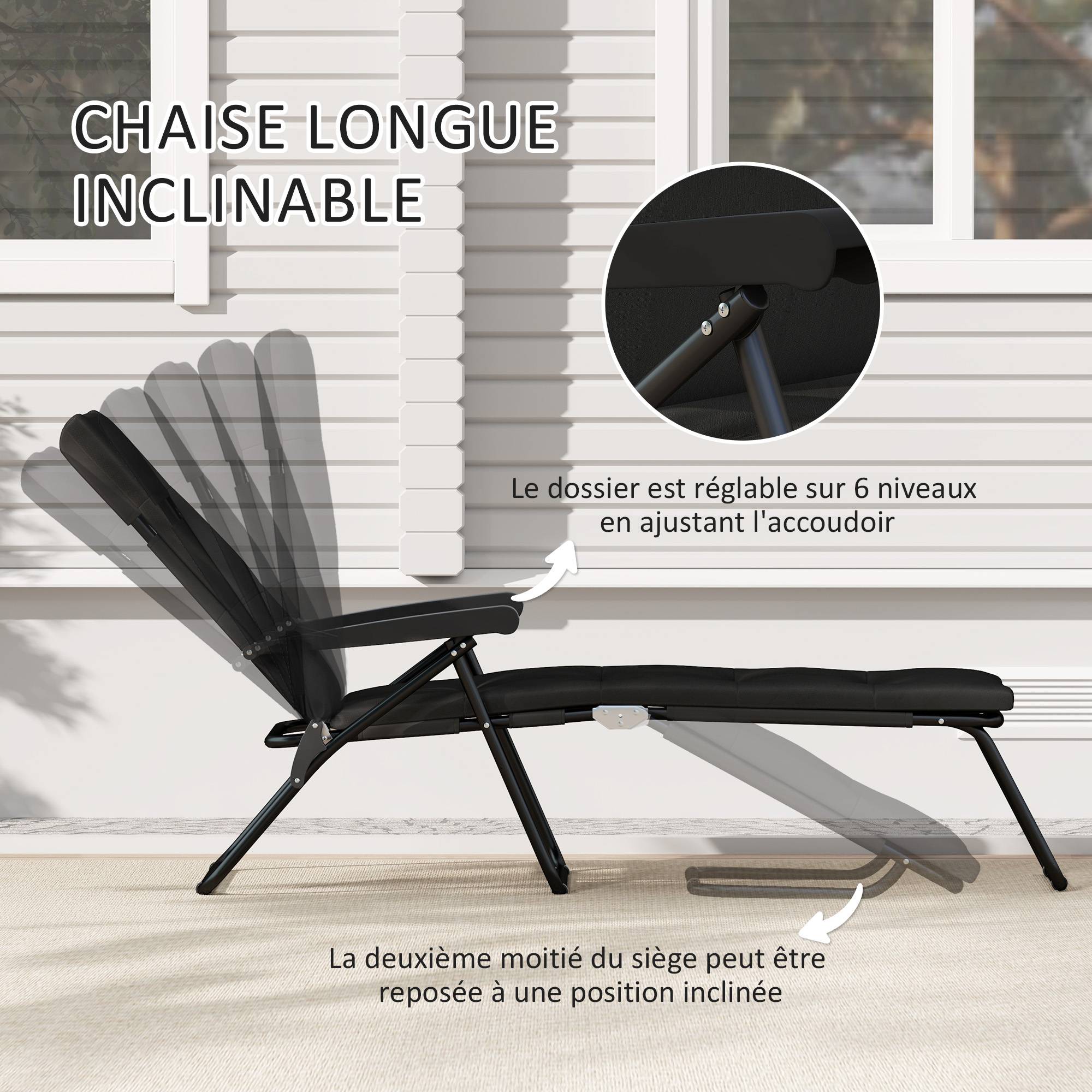 Bain de soleil pliable transat inclinable 6 positions avec matelas 153x58.5x89cm Acier Noir fr28 - Image 6