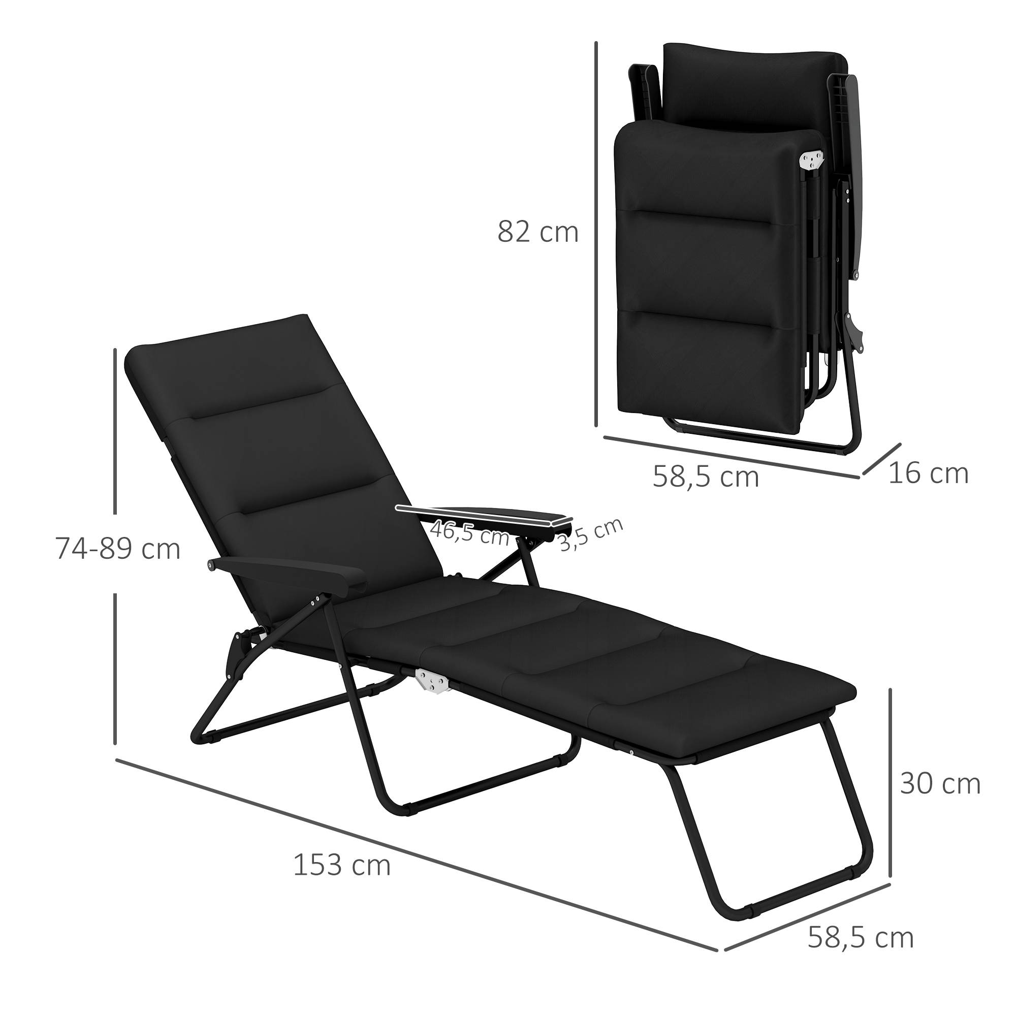 Bain de soleil pliable transat inclinable 6 positions avec matelas 153x58.5x89cm Acier Noir fr28 - Image 5