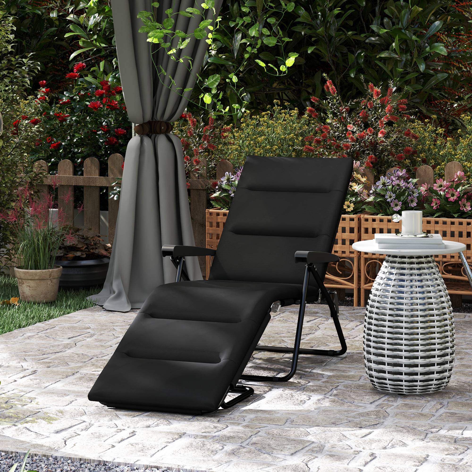 Bain de soleil pliable transat inclinable 6 positions avec matelas 153x58.5x89cm Acier Noir fr28 - Image 3