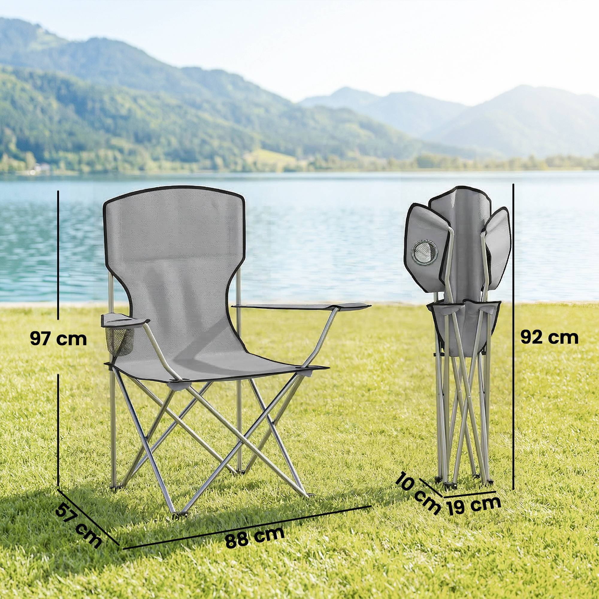 Lot de 2 chaises de camping dossier haut métal tissu Oxford gris confortables extérieur jardin randonnée - Image 5