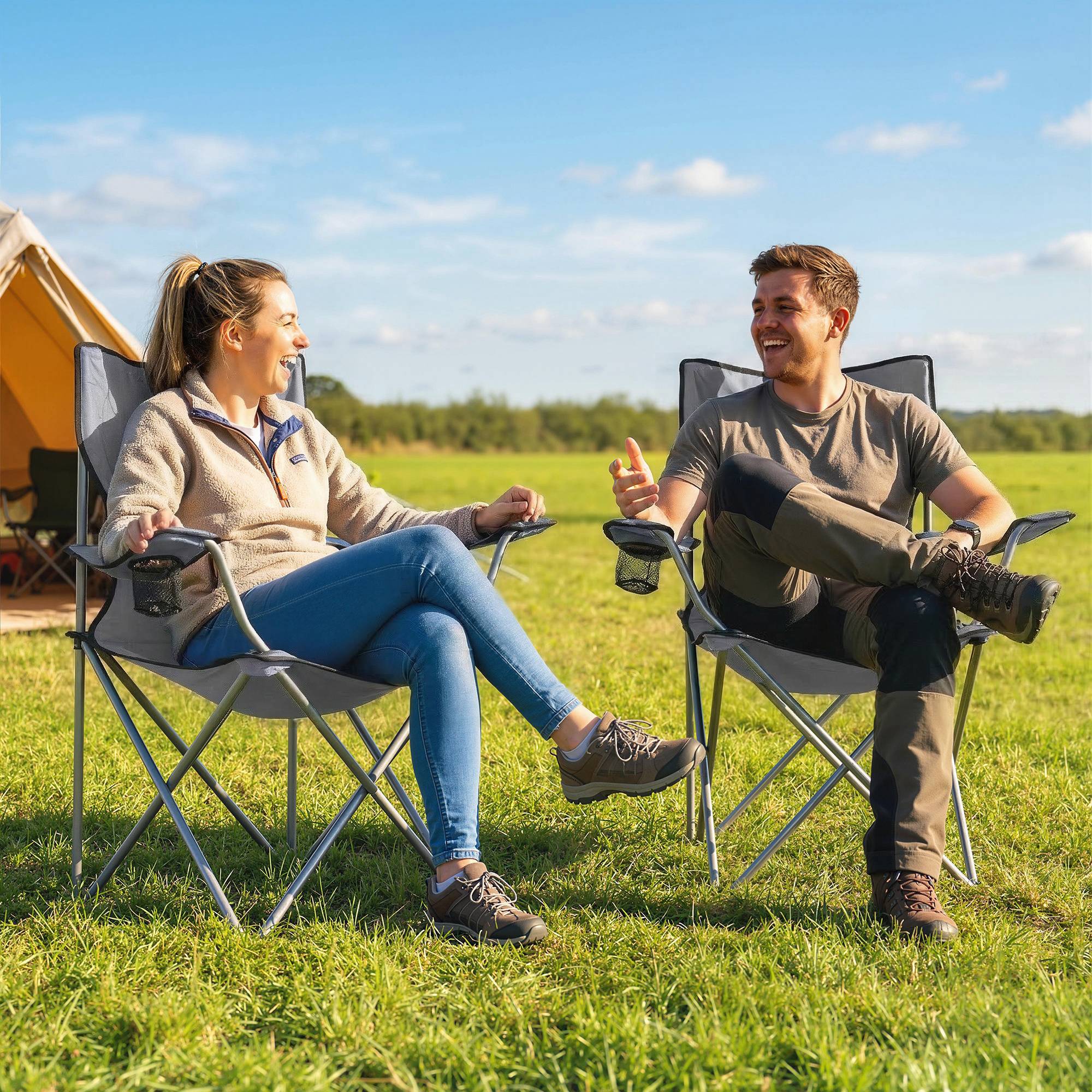 Lot de 2 chaises de camping dossier haut métal tissu Oxford gris confortables extérieur jardin randonnée - Image 3