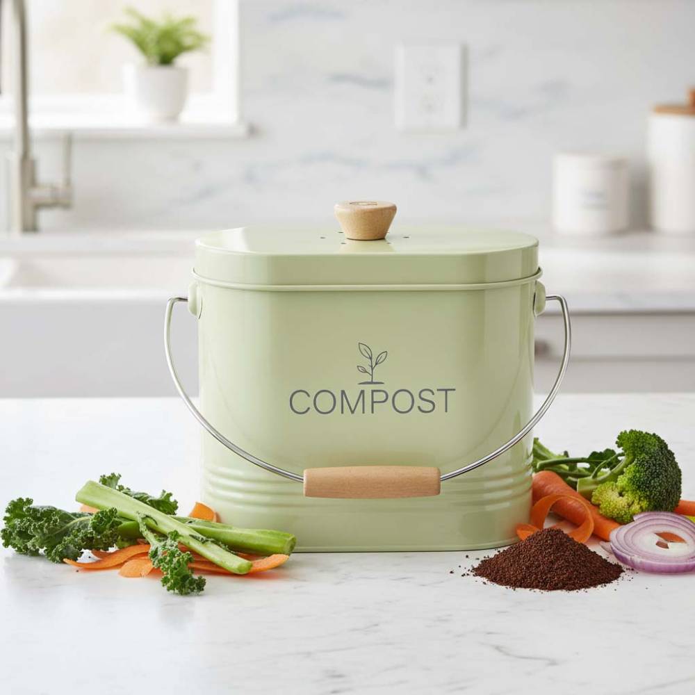 Guillouard - Composteur de cuisine ovale en métal avec filtre Vert pastel - 3 litres - Image 2