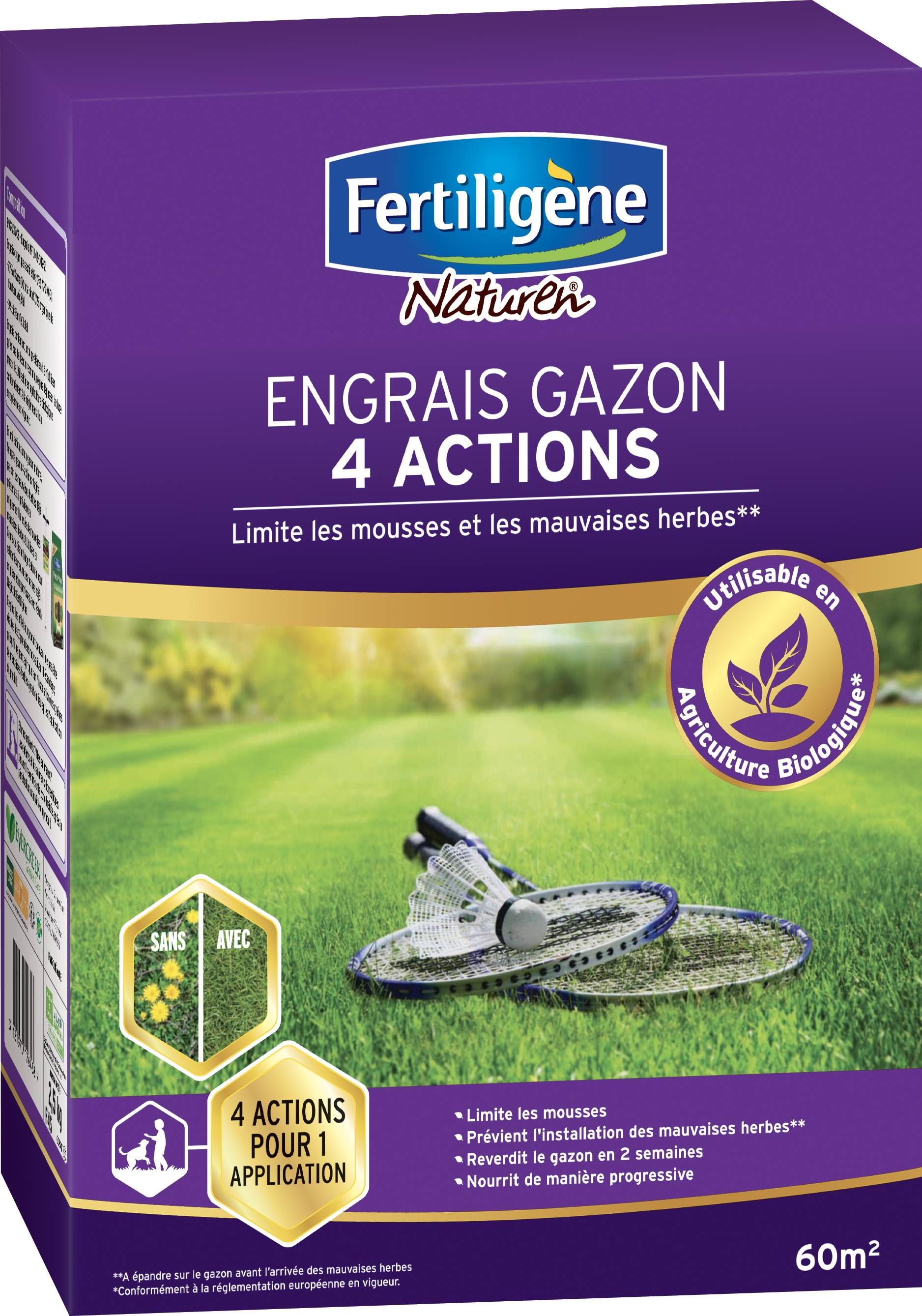 Fertiligène - Engrais gazon 4 actions 60m²