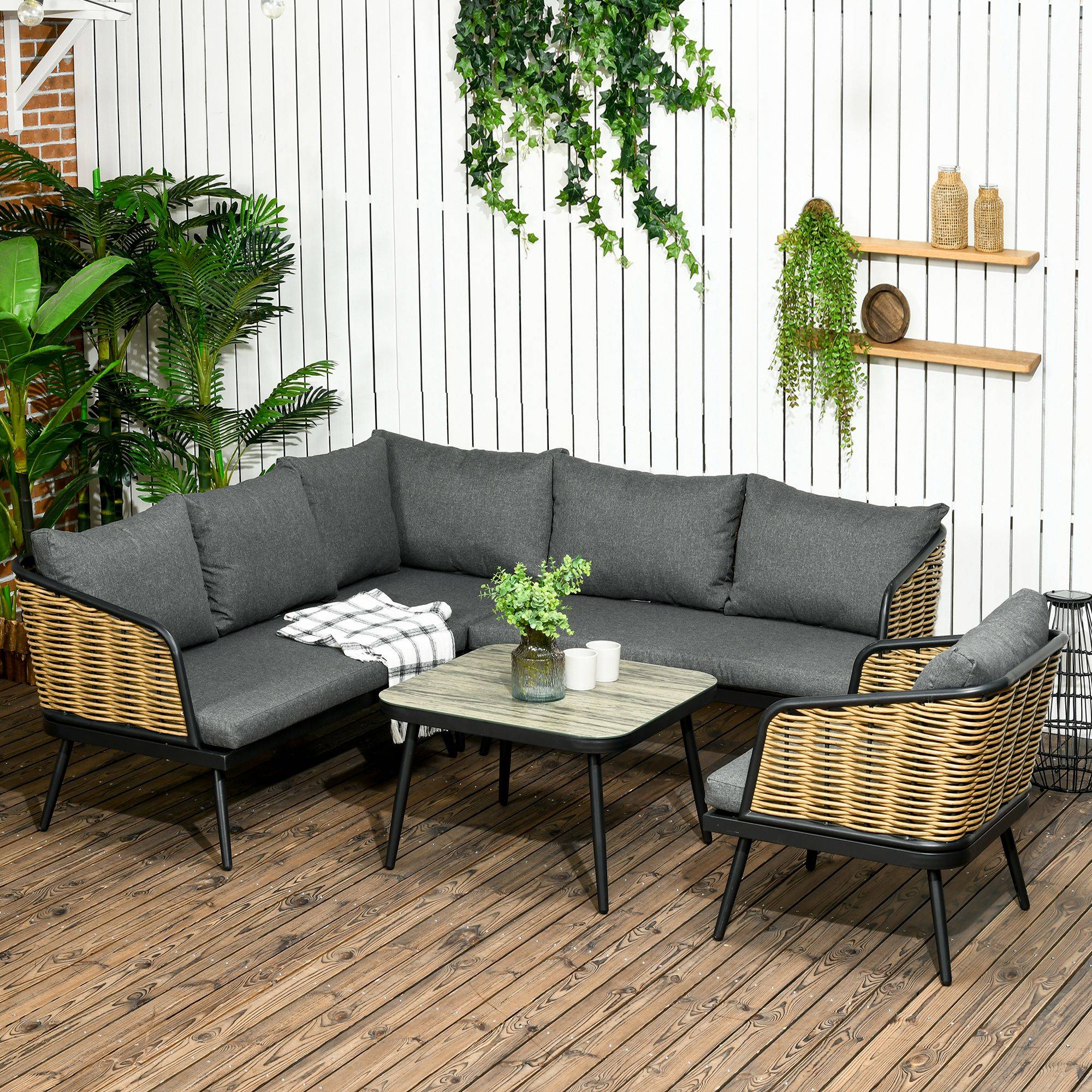 Outsunny - Ensemble salon de jardin d'angle style colonial 6 places 5 pièces coussins gris alu. noir résine tressée aspect rotin - Outsunny - Image 2