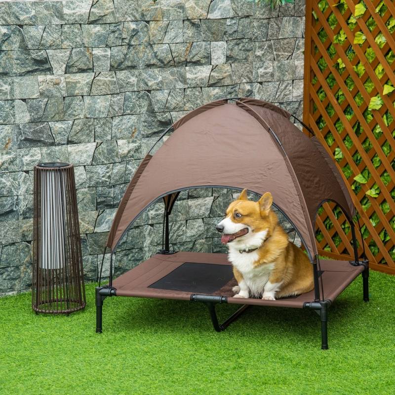Lit surélevé pour chien Métal Extérieur Avec auvent respirant 92x76x90cm Marron - ComfortXL Outdoor Living - Image 1