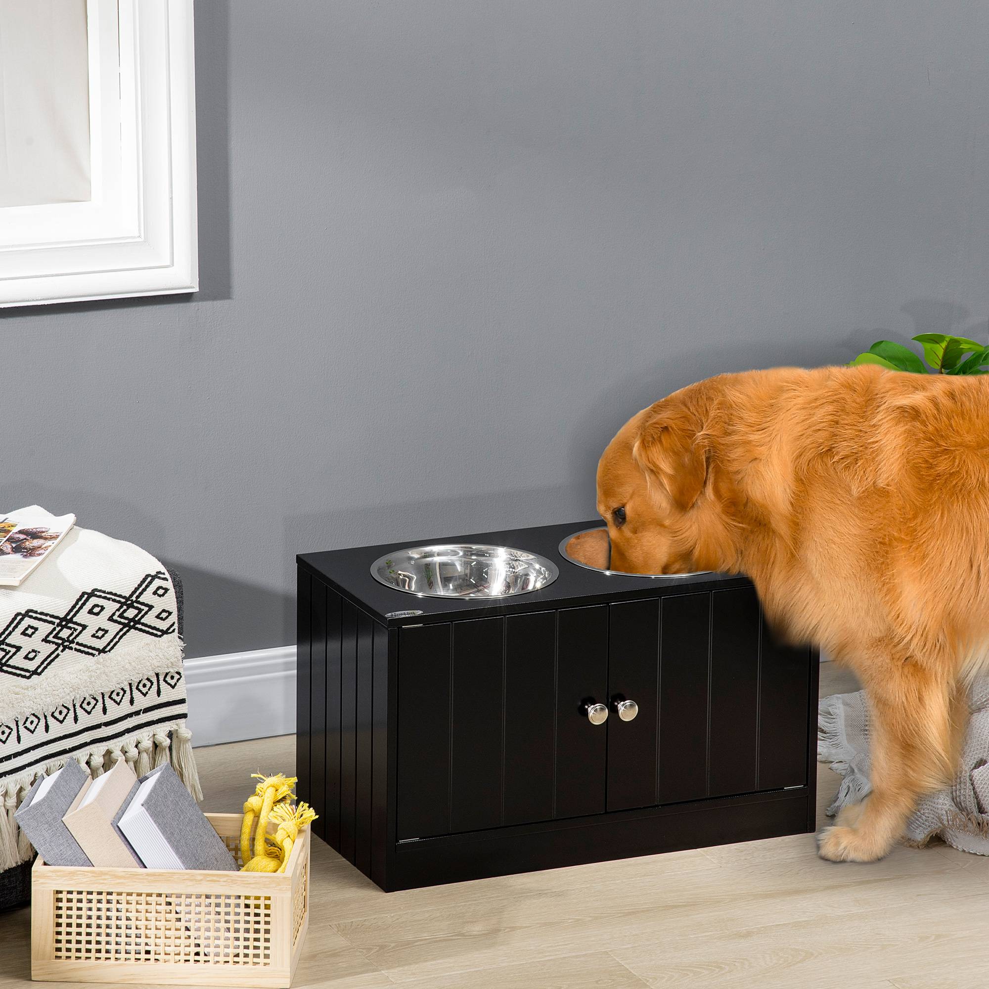 Sans Marque - Gamelle surélevée chien avec rangement 2 gamelles amovibles inox 60x30x35,5 cm noire - Image 3