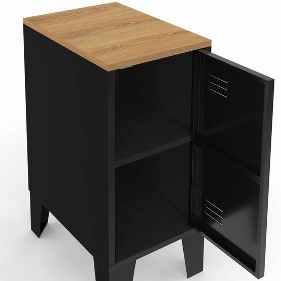 Lot de 2 tables de chevet étroites ESTER 1 porte métal noir plateau façon hêtre design industriel - Image 5