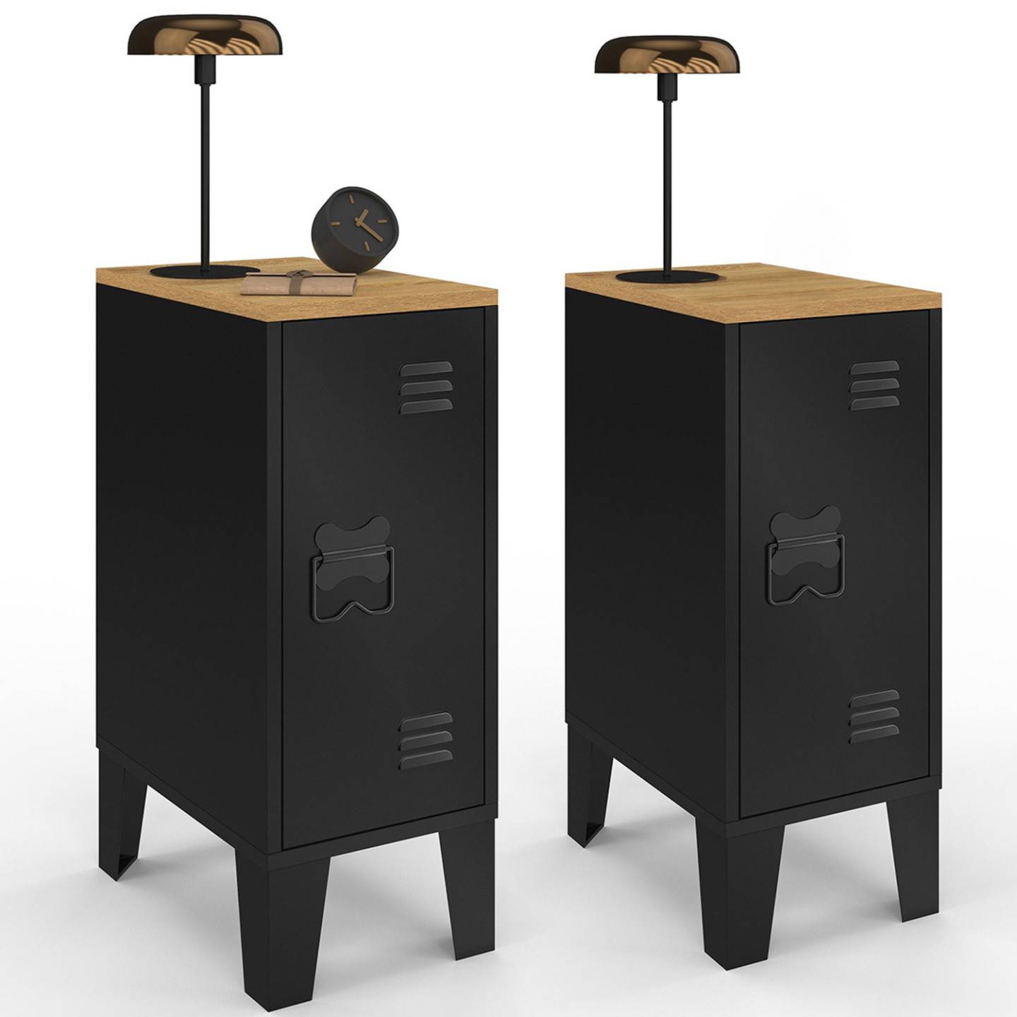 Lot de 2 tables de chevet étroites ESTER 1 porte métal noir plateau façon hêtre design industriel - Image 2