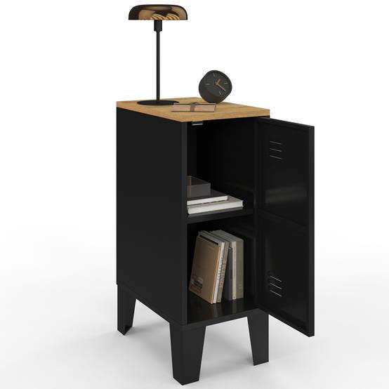 Lot de 2 tables de chevet étroites ESTER 1 porte métal noir plateau façon hêtre design industriel - Image 6