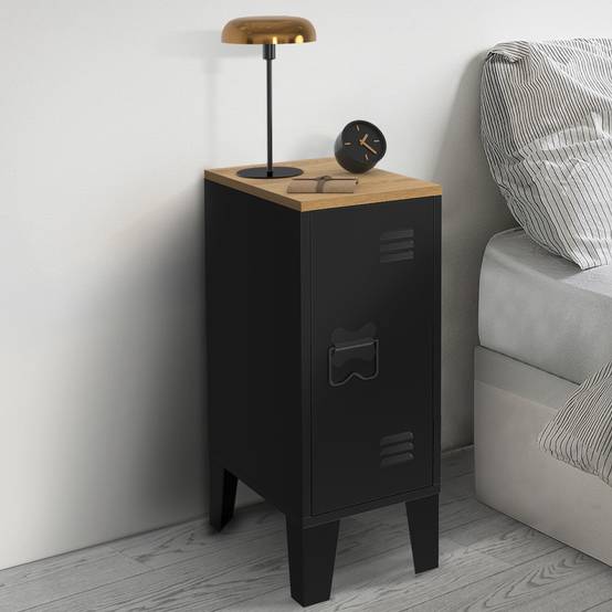 Lot de 2 tables de chevet étroites ESTER 1 porte métal noir plateau façon hêtre design industriel - Image 1