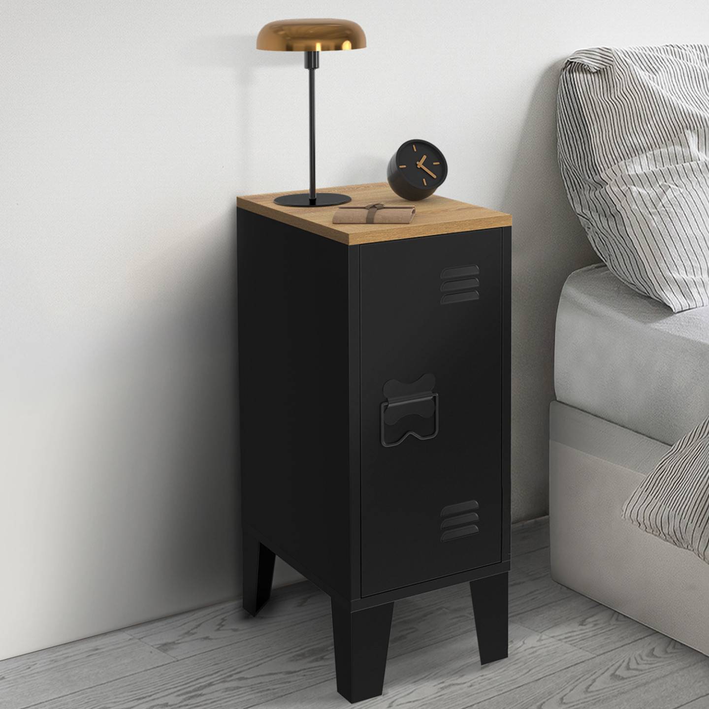 Lot de 2 tables de chevet étroites ESTER 1 porte métal noir plateau façon hêtre design industriel - Image 1
