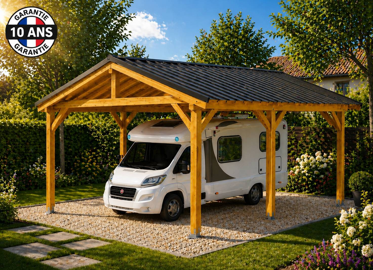 Cpbf Charpentes - Carport bois 2 pentes 500cmx1250cm bois DOUGLAS Français label PEFC (Charpente - Auvent - Abri Camping-car) 63 m². Garantie 10 ans