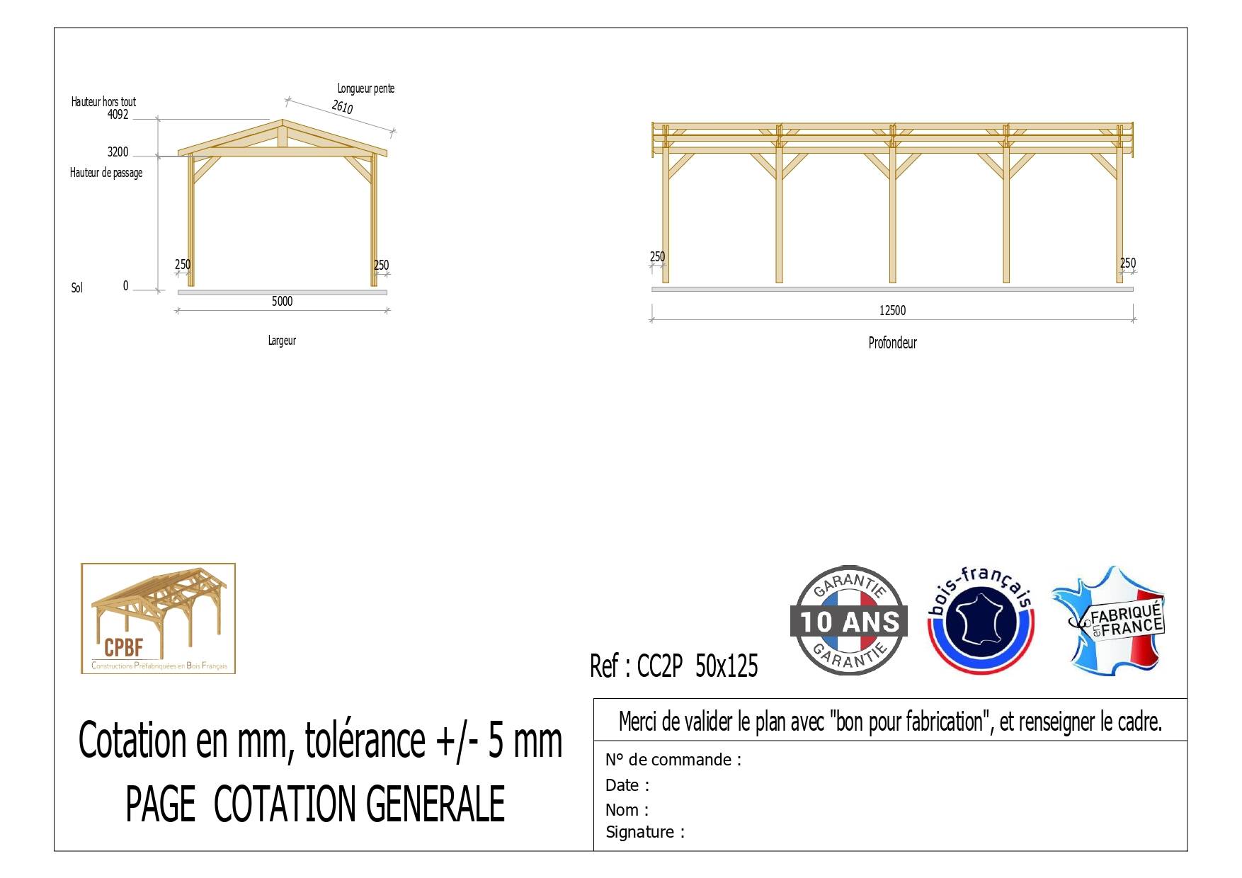 Cpbf Charpentes - Carport bois 2 pentes 500cmx1250cm bois DOUGLAS Français label PEFC (Charpente - Auvent - Abri Camping-car) 63 m². Garantie 10 ans - Image 3