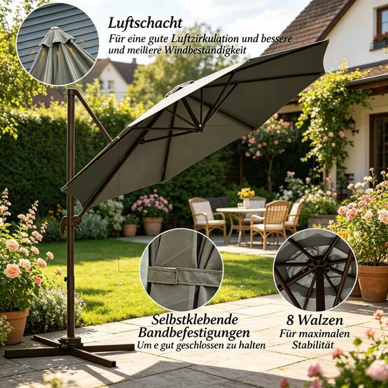Parasol déporté octogonal aluminium terrasse rotatif inclinable Ø295cm gris foncé - ComfortXL Outdoor Living - Image 3