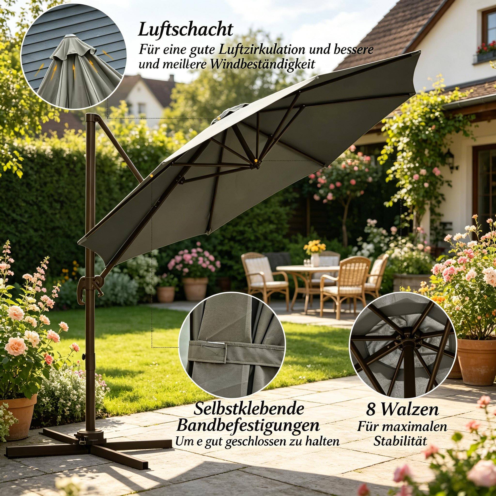 Parasol déporté octogonal aluminium terrasse rotatif inclinable Ø295cm gris foncé - ComfortXL Outdoor Living - Image 3
