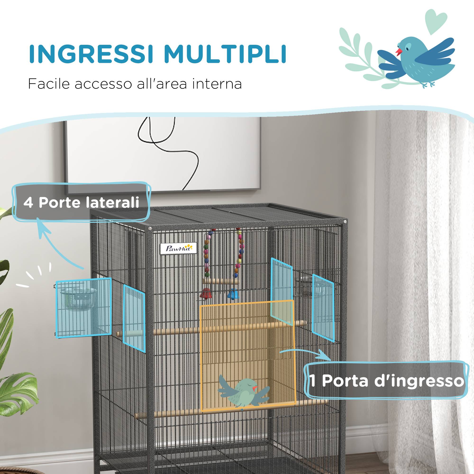 ComfortXL - Cage à oiseaux acier et PP grise 48 x 46 x 78 cm sur roulettes avec 5 portes - ComfortXL Outdoor Living - Image 6
