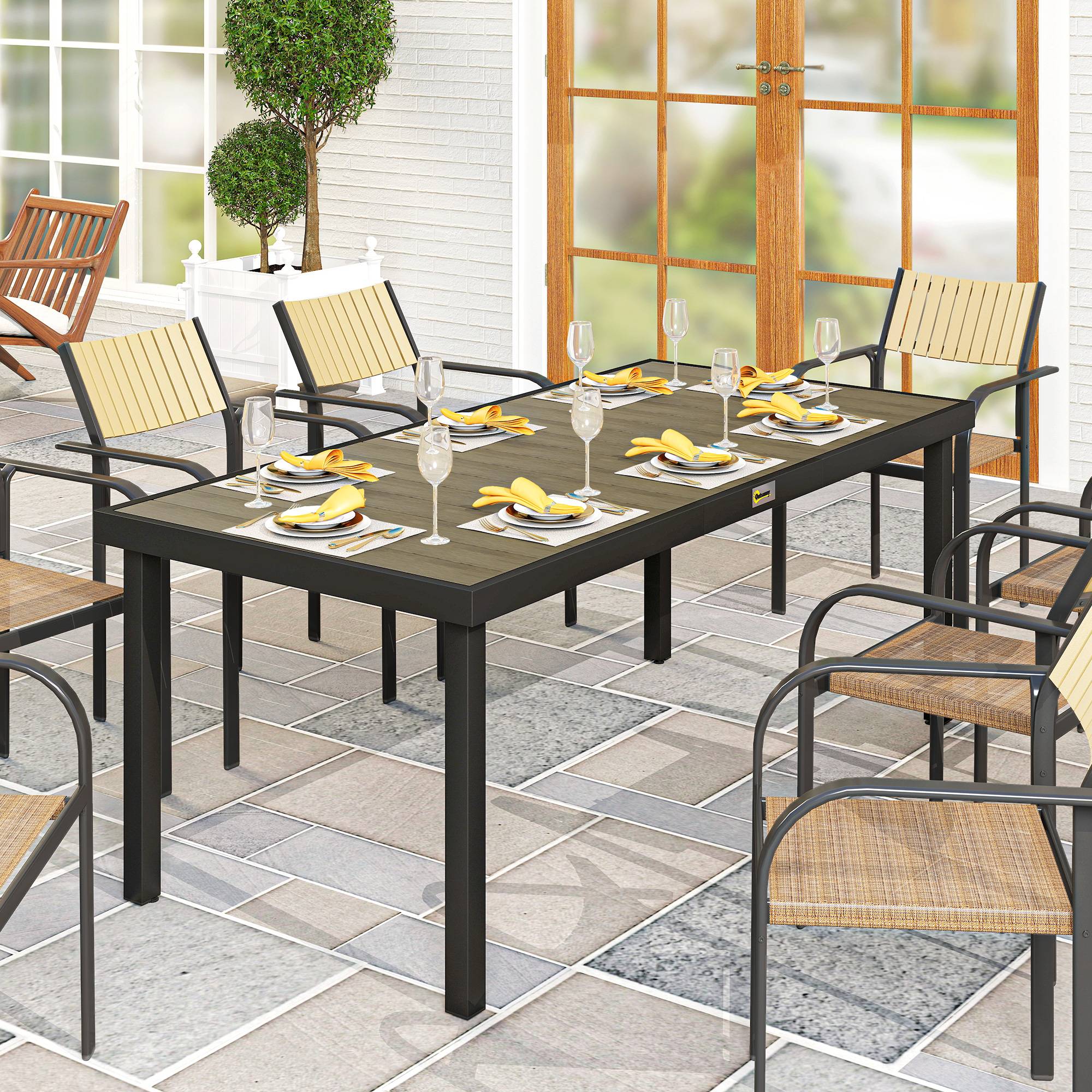 Table de jardin rectangulaire pour 8 personnes en aluminium table de salle à manger extétieur plateau PE à lattes - Image 3