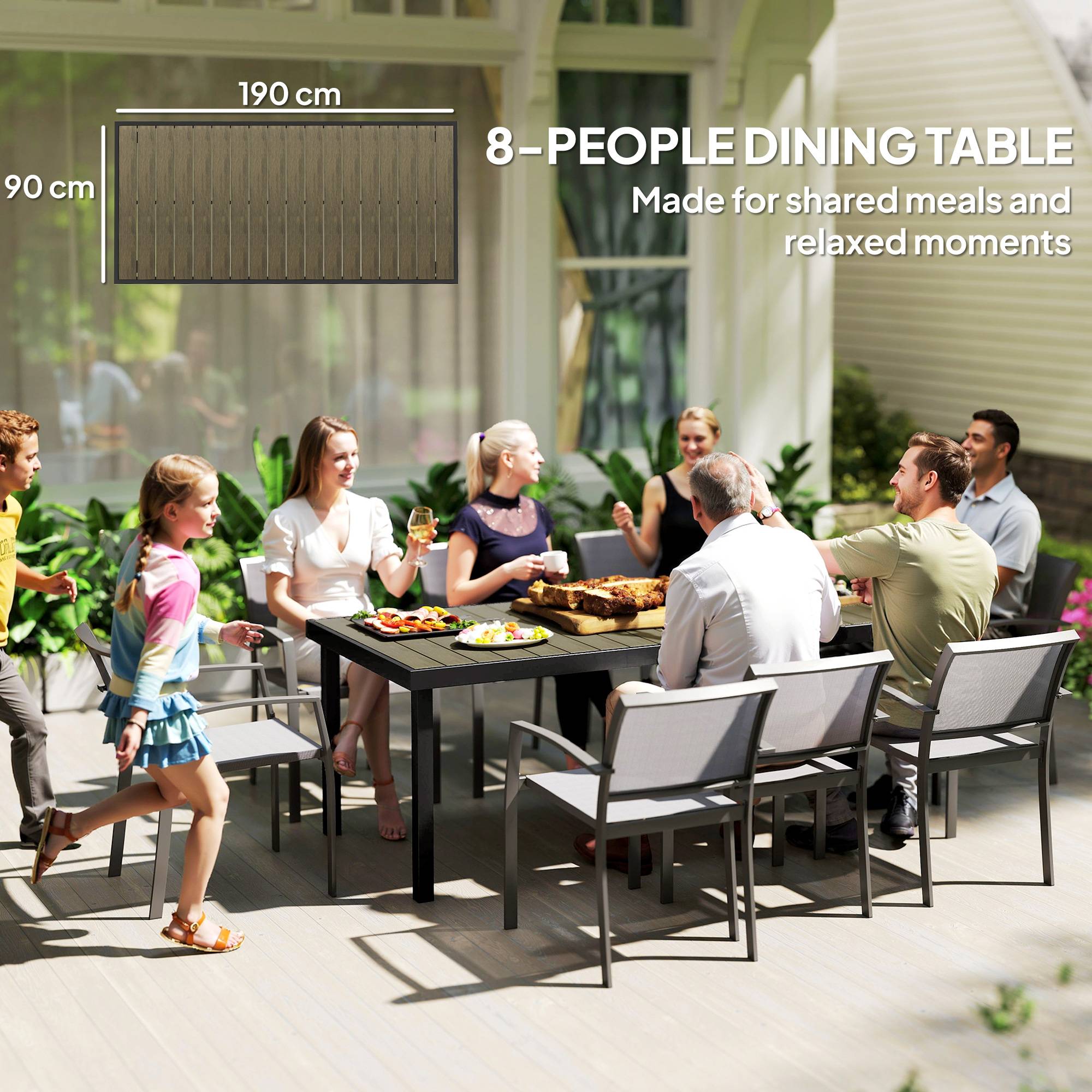 Table de jardin rectangulaire pour 8 personnes en aluminium table de salle à manger extétieur plateau PE à lattes - Image 10