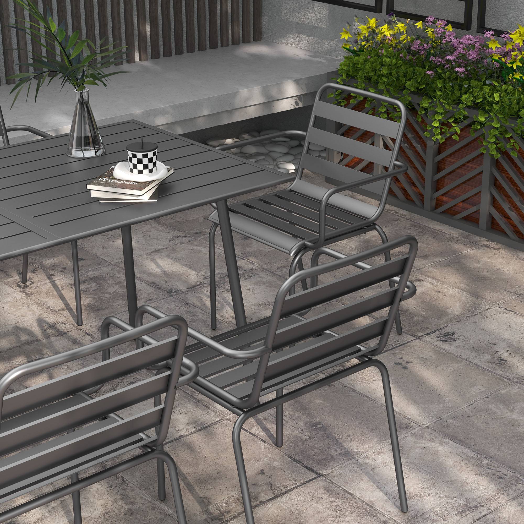 Outsunny - Salon de jardin 6 places 7 pièces - table à manger 6 chaises empilables - acier thermolaqué gris - Outsunny - Image 5