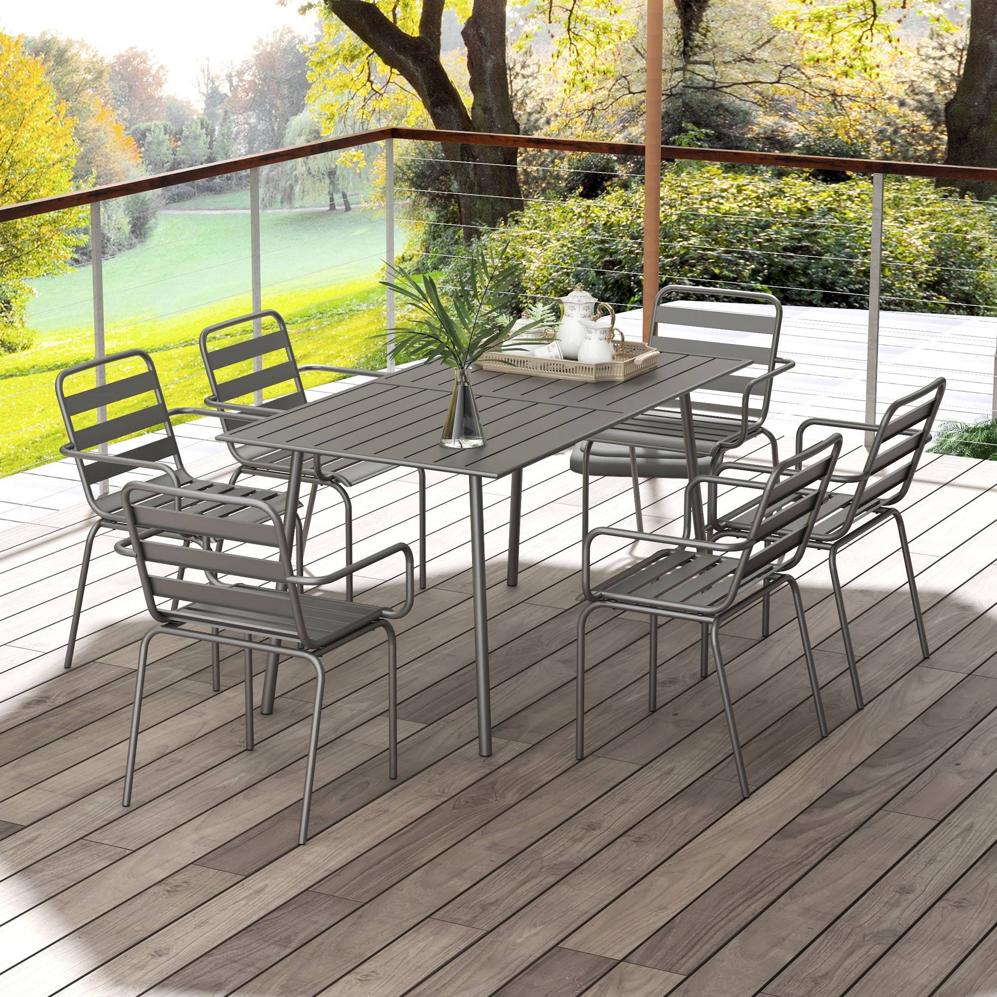 Outsunny - Salon de jardin 6 places 7 pièces - table à manger 6 chaises empilables - acier thermolaqué gris - Outsunny - Image 4