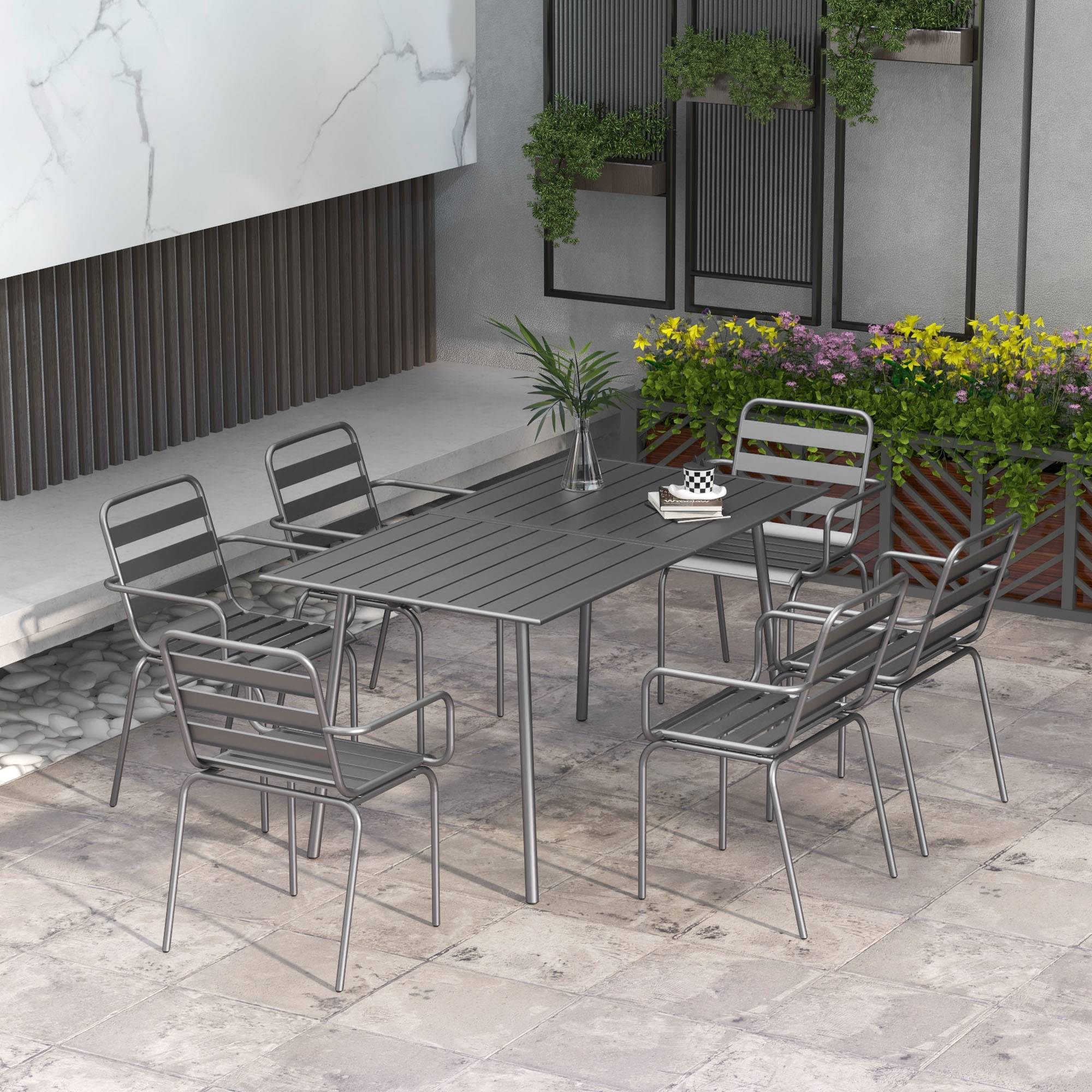 Outsunny - Salon de jardin 6 places 7 pièces - table à manger 6 chaises empilables - acier thermolaqué gris - Outsunny - Image 2