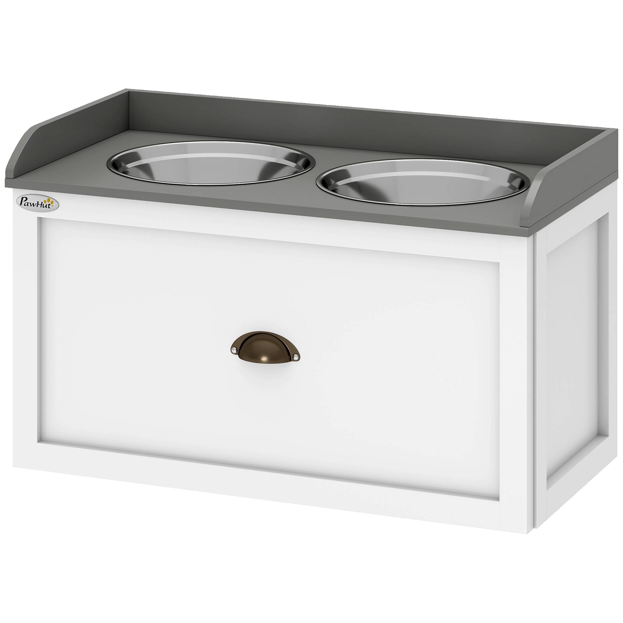 Sans Marque - Gamelle surélevée grands chiens 2 gamelles 2000ml inox et 1 tiroir 63x30x36 cm blanche - Image 2