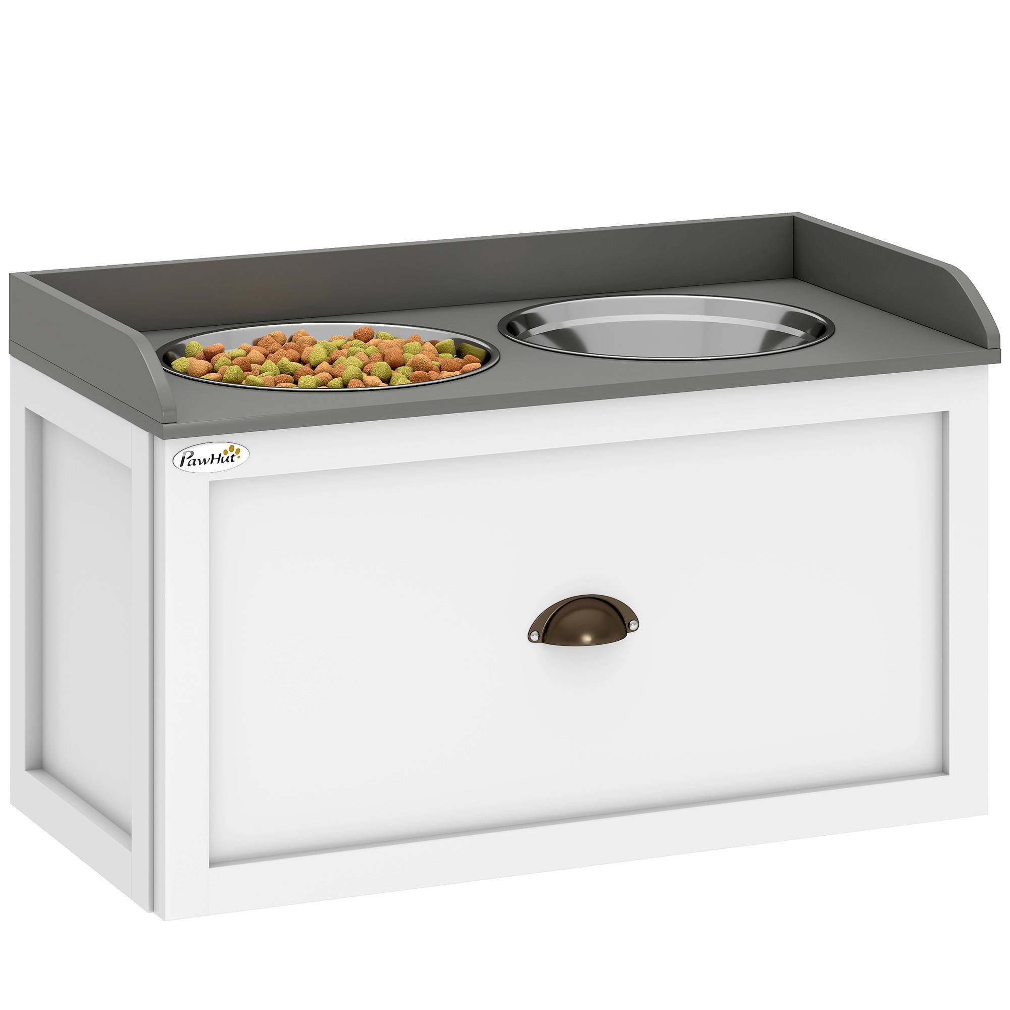 Sans Marque - Gamelle surélevée grands chiens 2 gamelles 2000ml inox et 1 tiroir 63x30x36 cm blanche - Image 1