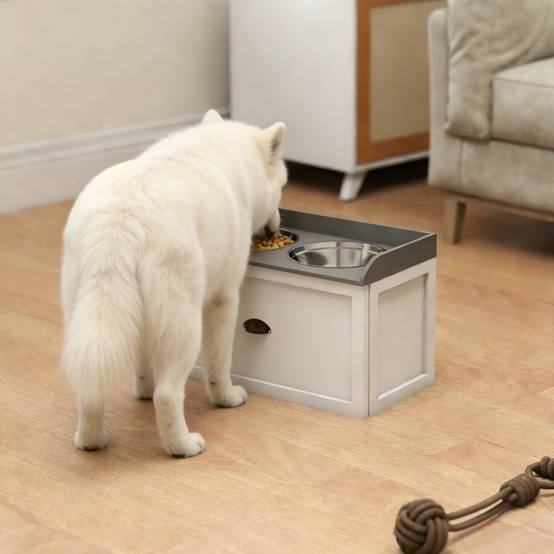 Sans Marque - Gamelle surélevée grands chiens 2 gamelles 2000ml inox et 1 tiroir 63x30x36 cm blanche - Image 4