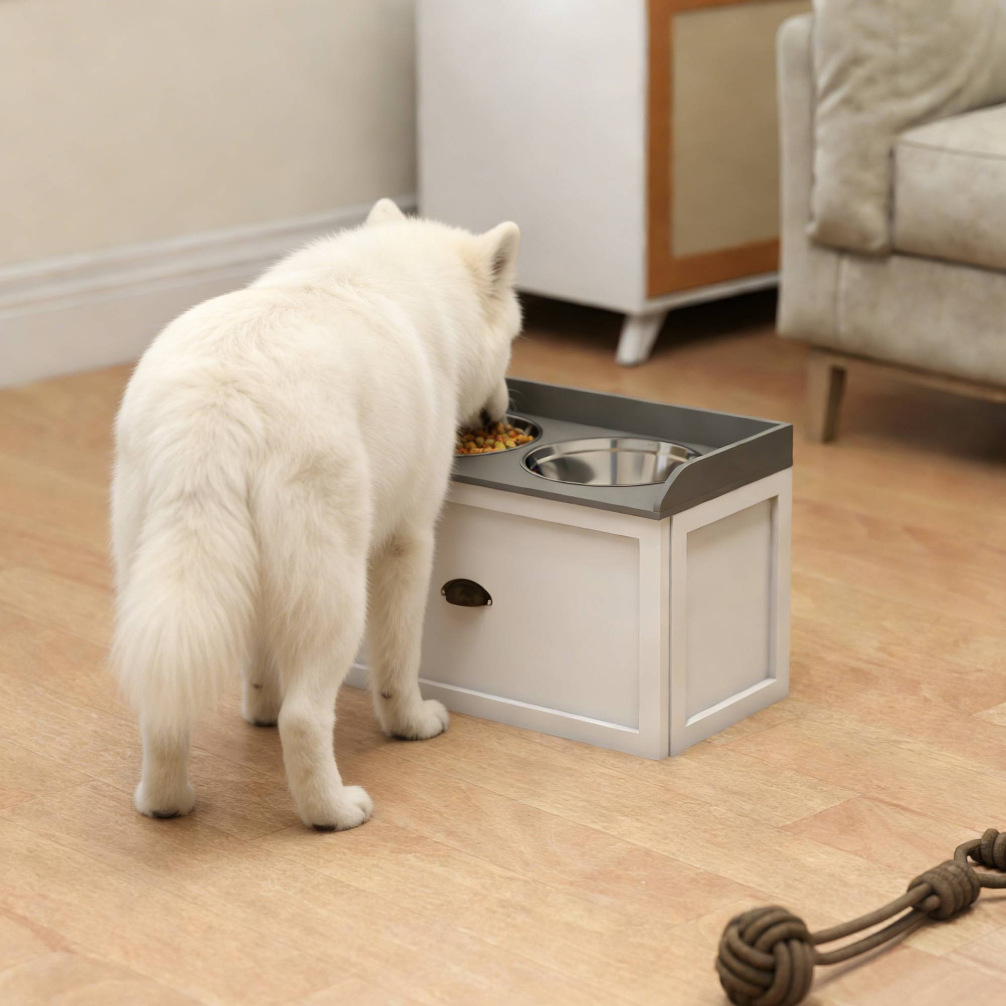 Sans Marque - Gamelle surélevée grands chiens 2 gamelles 2000ml inox et 1 tiroir 63x30x36 cm blanche - Image 4