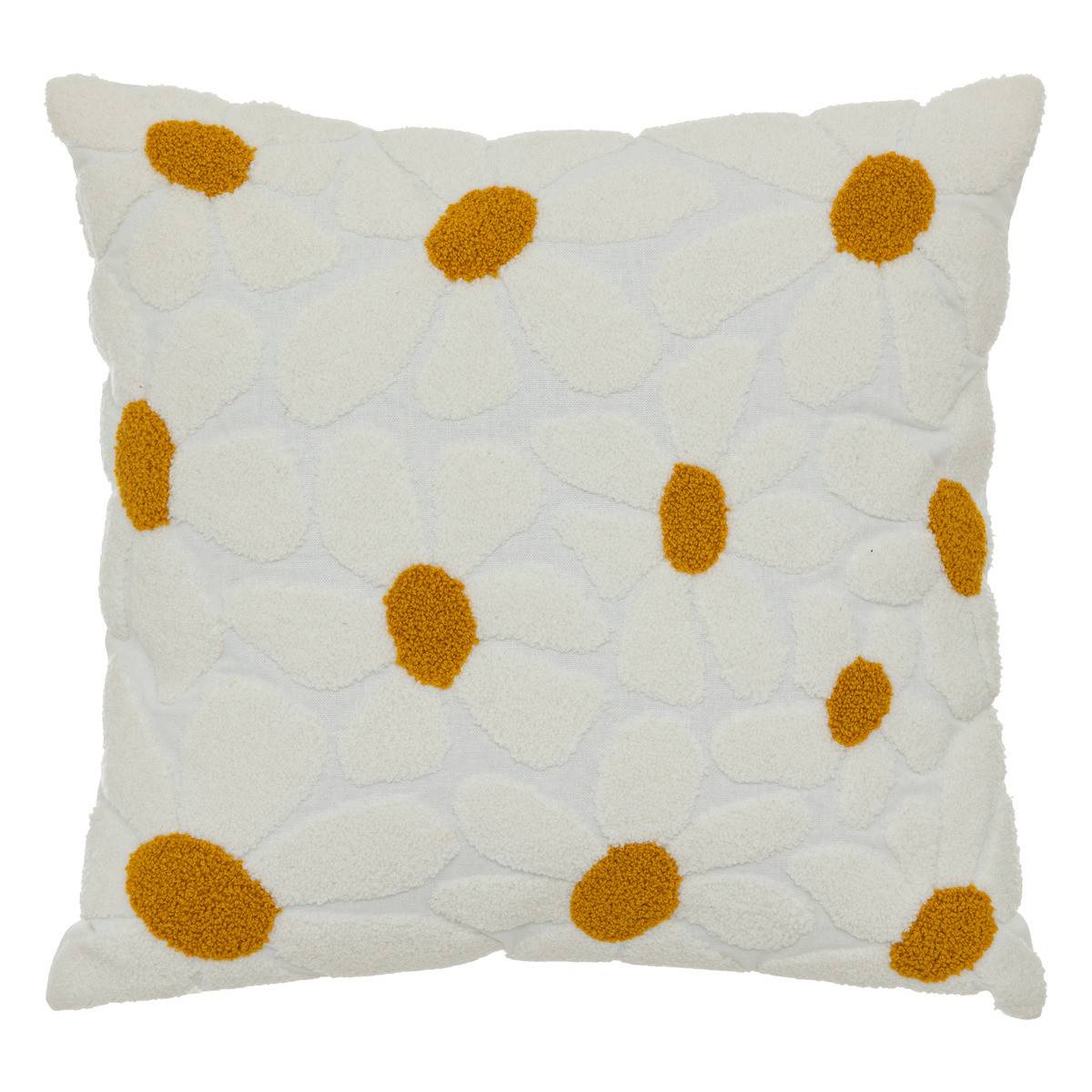 Coussin décoratif Blanc et Ocre motifs brodés et en relief 40 x 40 cm - Image 1