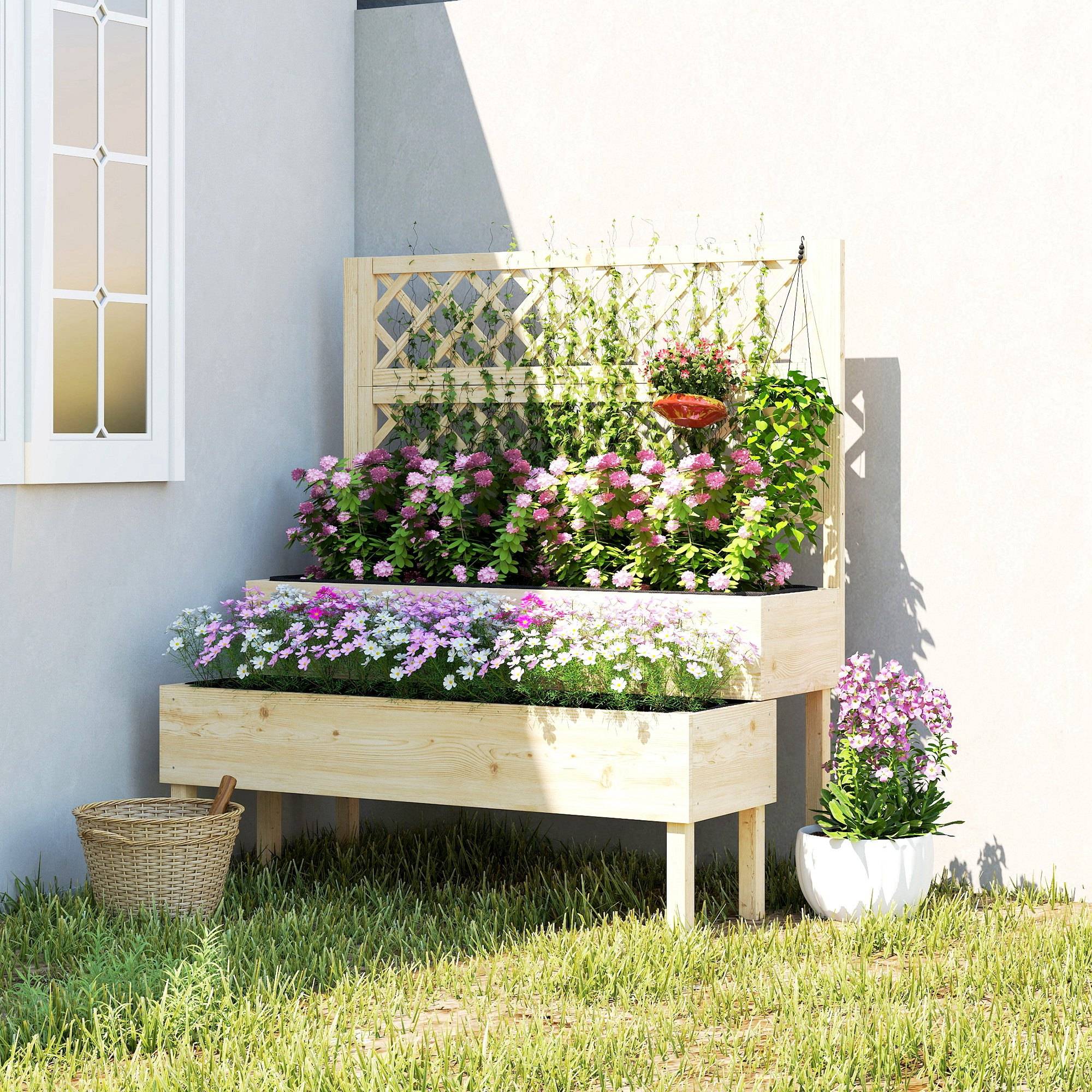 Sans Marque - Jardinière à 2 Niveaux avec Treillis, bac à fleurs, avec tissu non tissé, 108 x 62 x 120 cm, effet bois naturelle - Image 4
