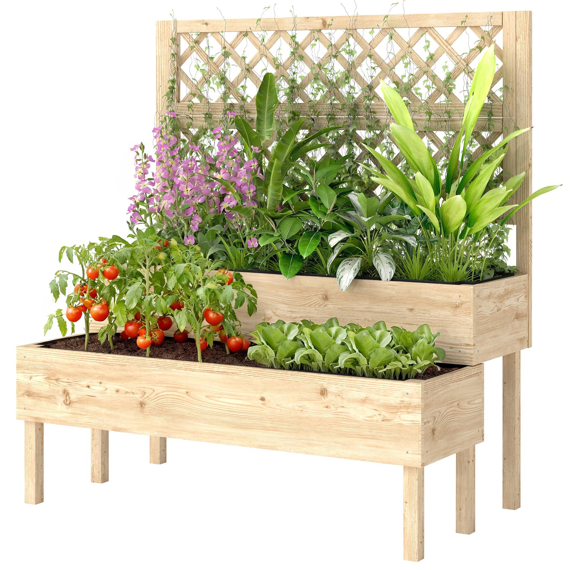 Sans Marque - Jardinière à 2 Niveaux avec Treillis, bac à fleurs, avec tissu non tissé, 108 x 62 x 120 cm, effet bois naturelle - Image 2