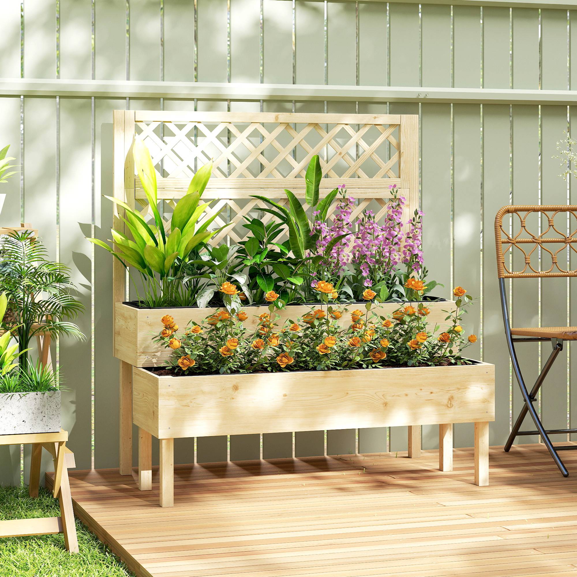 Sans Marque - Jardinière à 2 Niveaux avec Treillis, bac à fleurs, avec tissu non tissé, 108 x 62 x 120 cm, effet bois naturelle - Image 3