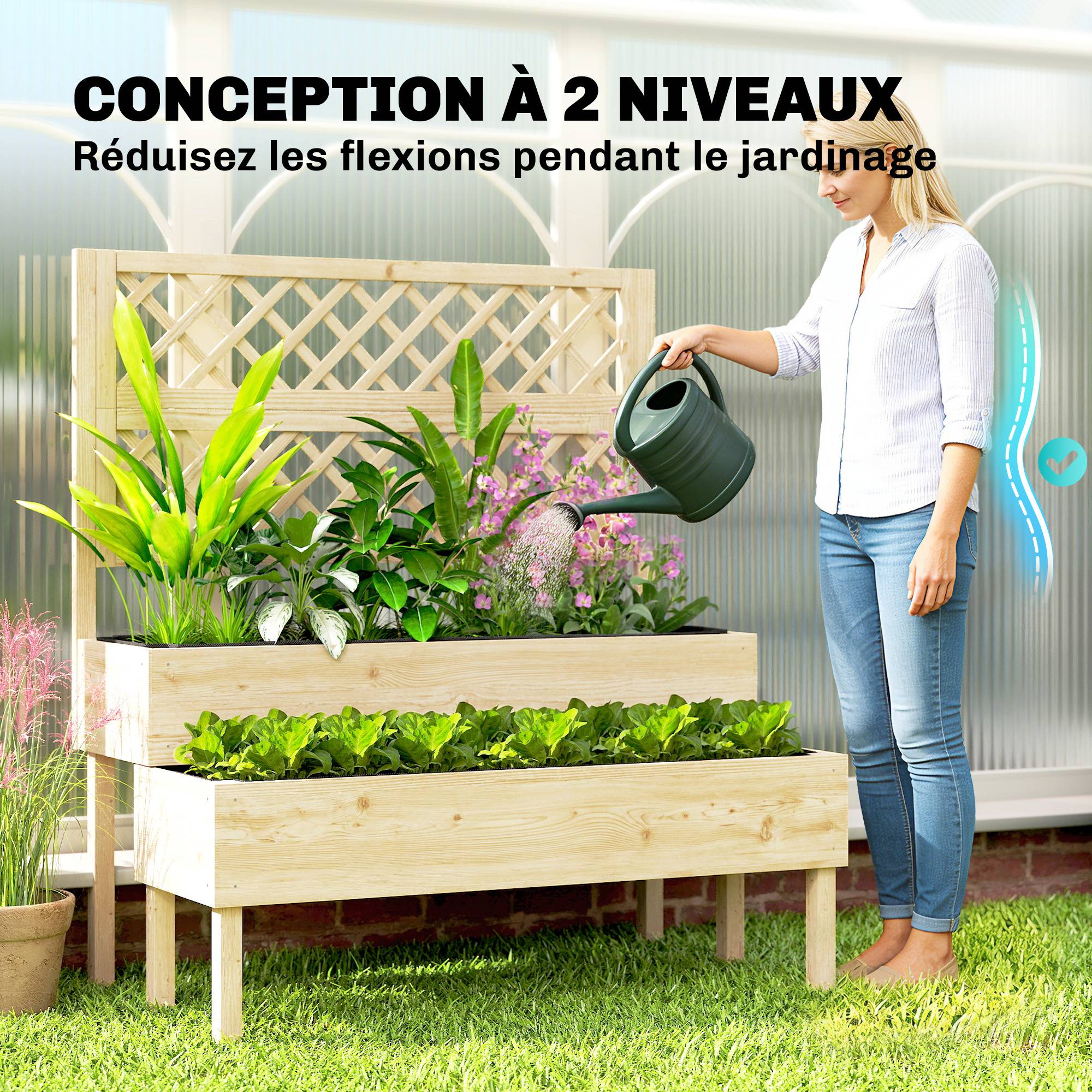 Sans Marque - Jardinière à 2 Niveaux avec Treillis, bac à fleurs, avec tissu non tissé, 108 x 62 x 120 cm, effet bois naturelle - Image 7