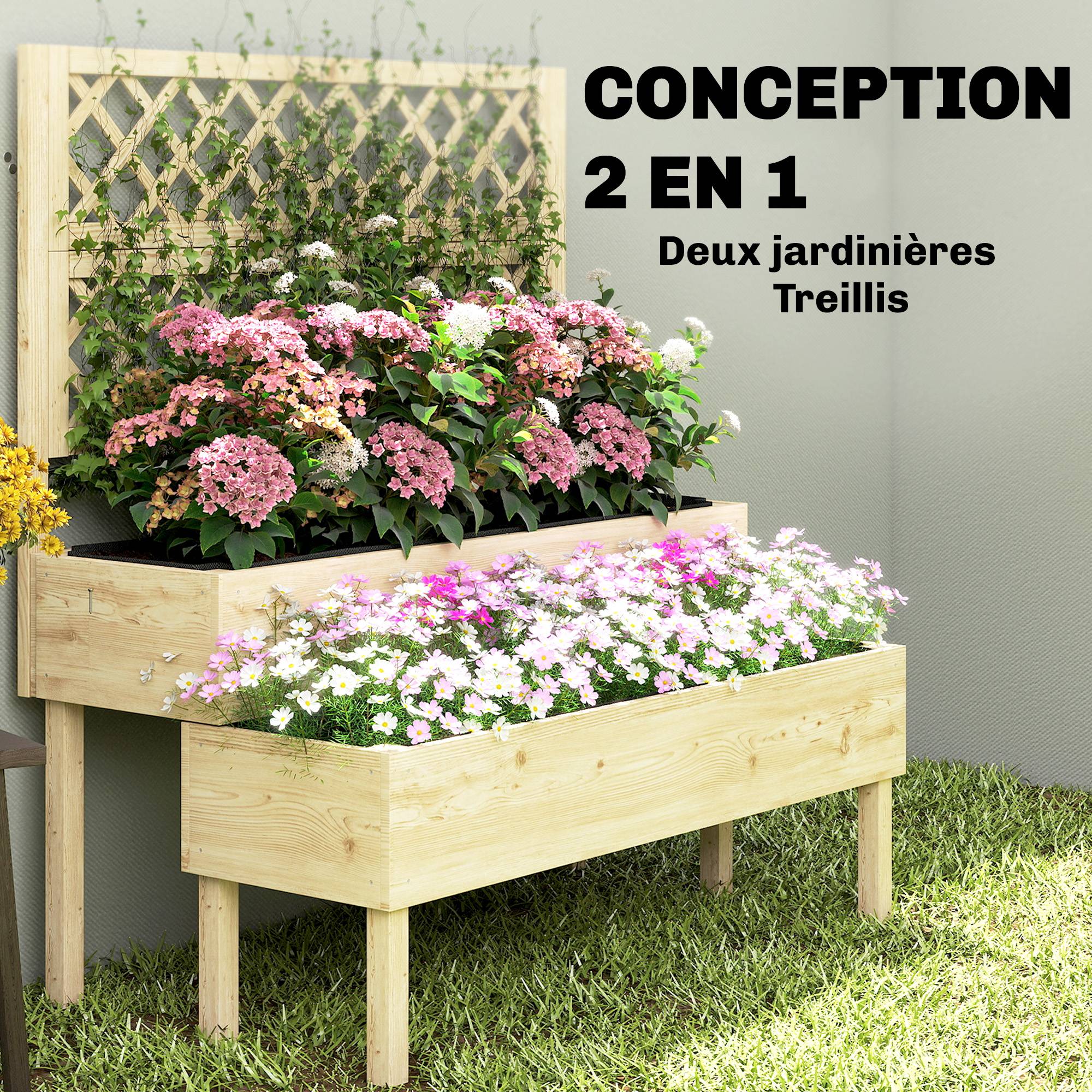 Sans Marque - Jardinière à 2 Niveaux avec Treillis, bac à fleurs, avec tissu non tissé, 108 x 62 x 120 cm, effet bois naturelle - Image 6