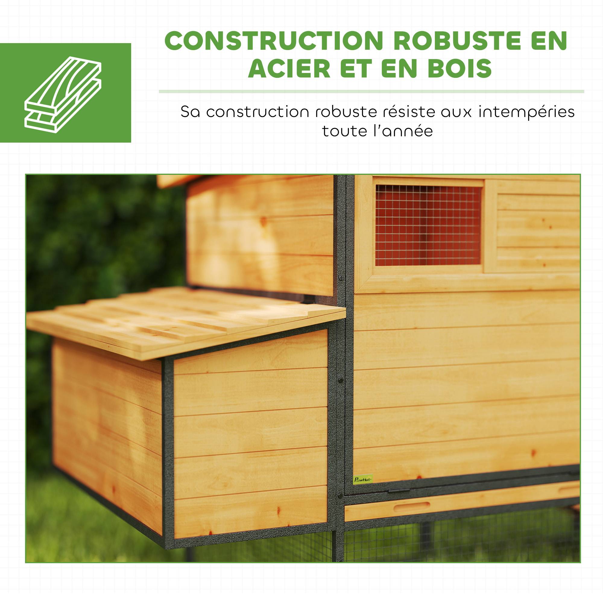 Poulailler bois acier 3-5 poules pondoir grand enclos base surélevée 192x81x104cm orange - ComfortXL Outdoor Living - Image 7