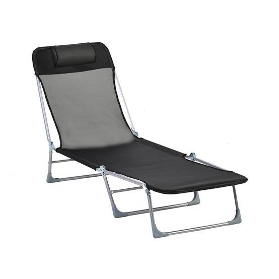 Bain de soleil transat chaise longue inclinable pliable avec oreiller - 182x56x28cm Tissu Noir fr35 - Image 1