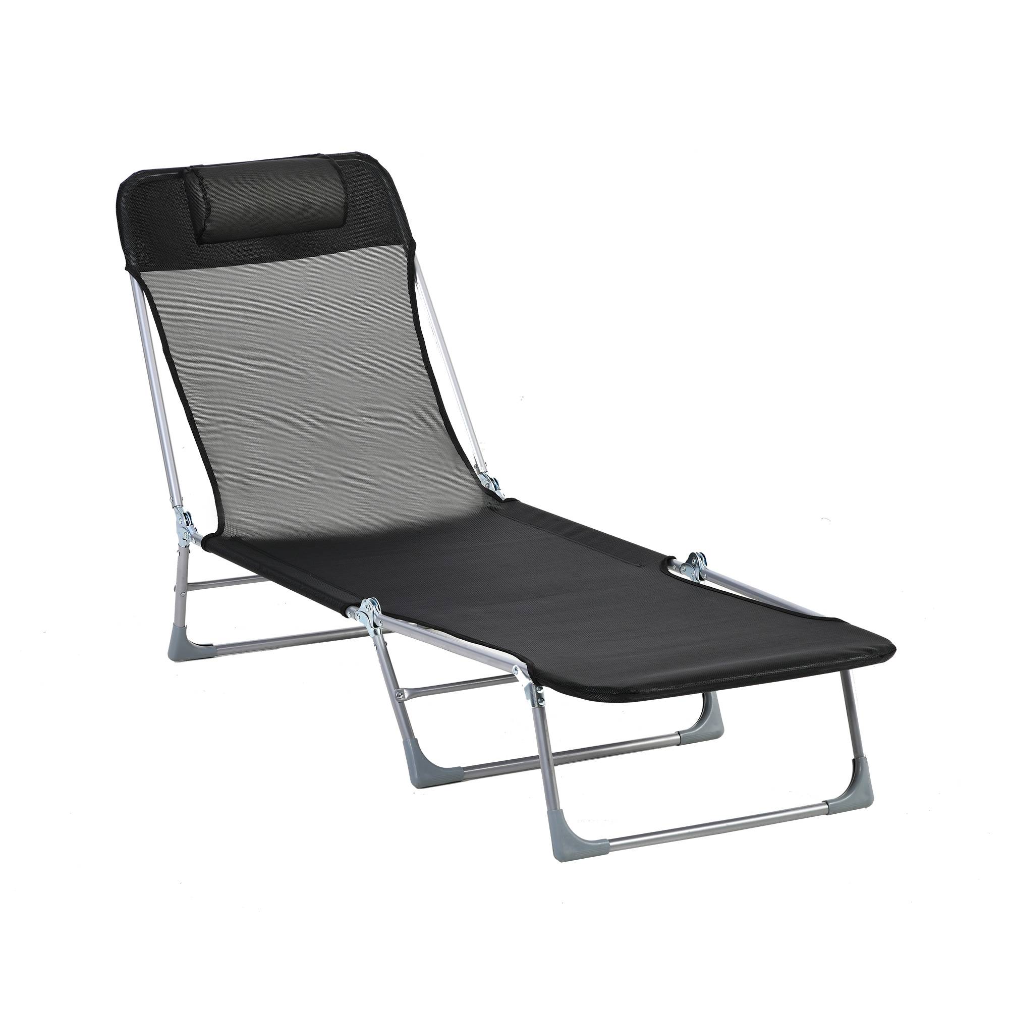 Bain de soleil transat chaise longue inclinable pliable avec oreiller - 182x56x28cm Tissu Noir fr35 - Image 1