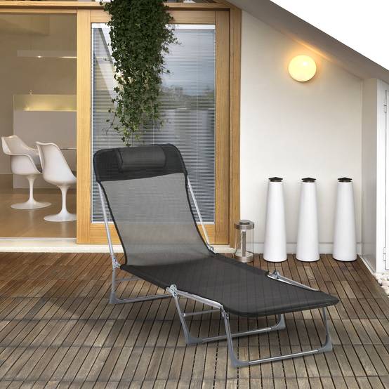 Bain de soleil transat chaise longue inclinable pliable avec oreiller - 182x56x28cm Tissu Noir fr35 - Image 3