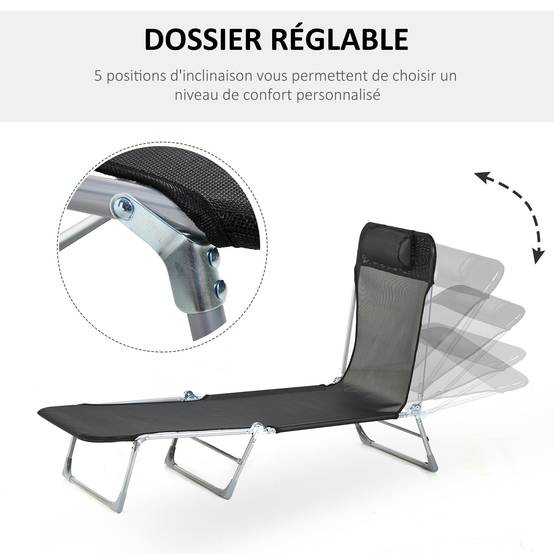 Bain de soleil transat chaise longue inclinable pliable avec oreiller - 182x56x28cm Tissu Noir fr35 - Image 6