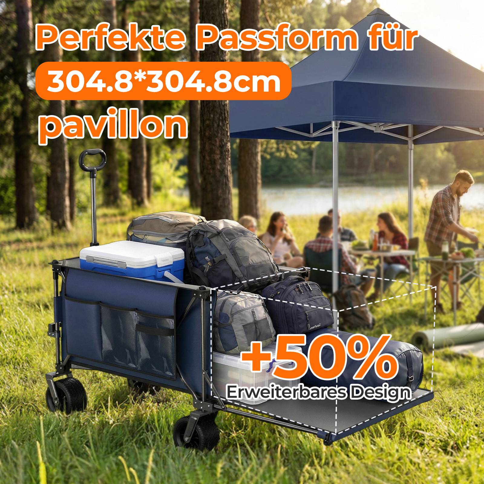 ComfortXL - Chariot de jardin pliable en acier plage camping capacité 300 L 140 cm bleu-gris - ComfortXL Outdoor Living - Image 4