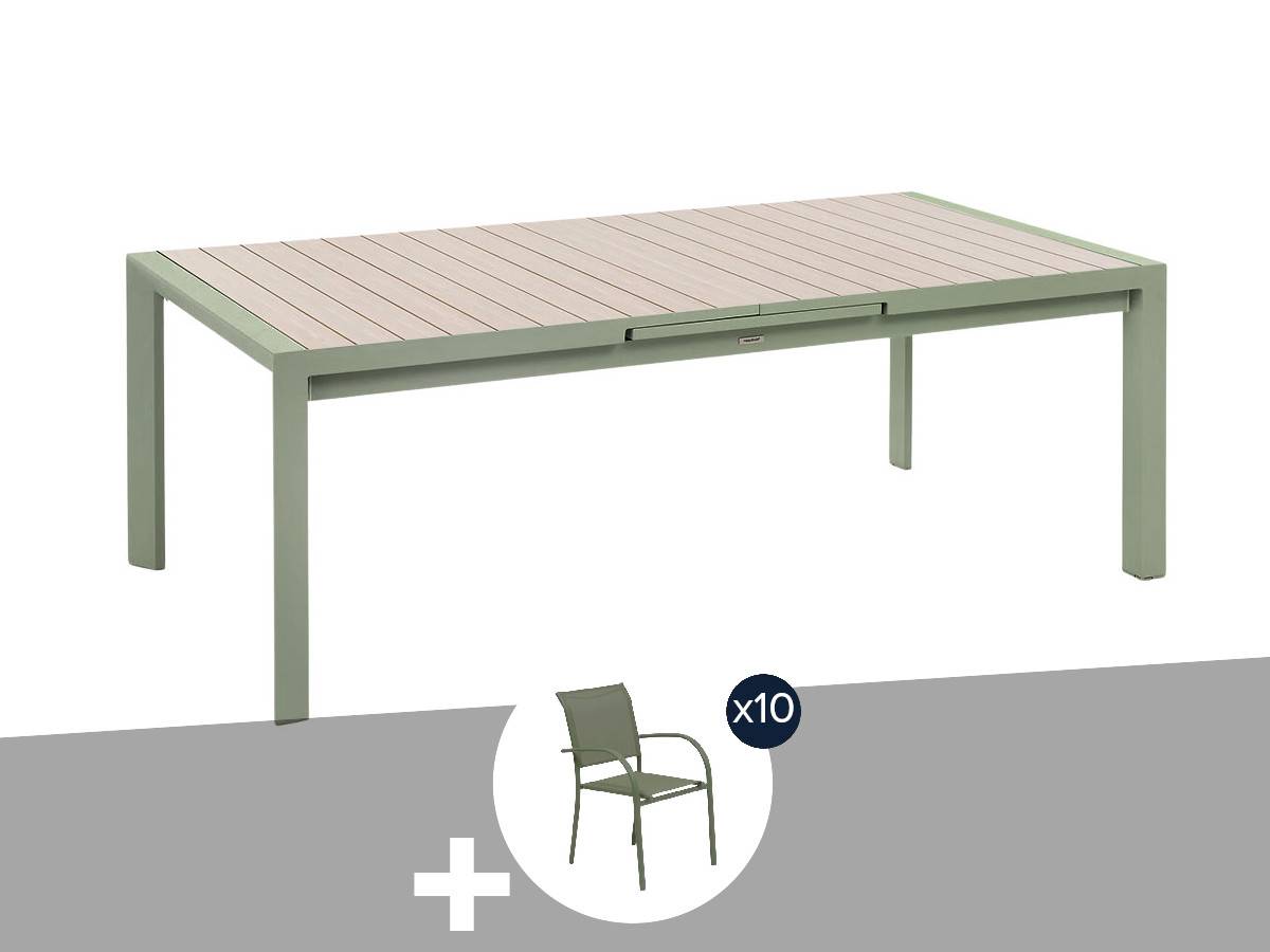 Hesperide - Table de jardin rectangulaire extensible en aluminium Evasion Lin/Vert Laurier Graphite 10/12 places + 10 fauteuils Piazza - Hespéride - Image 1