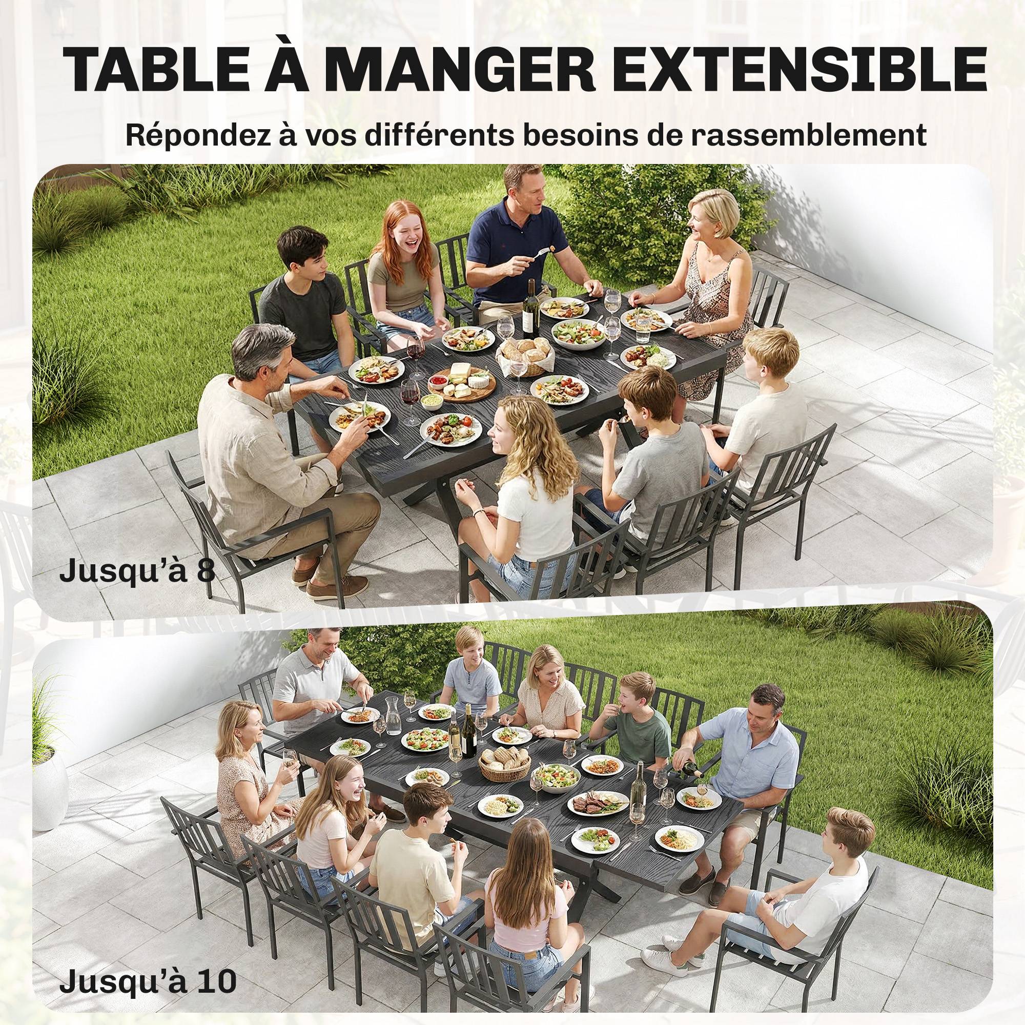 Table de Jardin Extensible Aluminium Table de Repas Extérieure Effet Bois 8-10 Personnes 214x85x73cm Gris Anthracite - Image 6