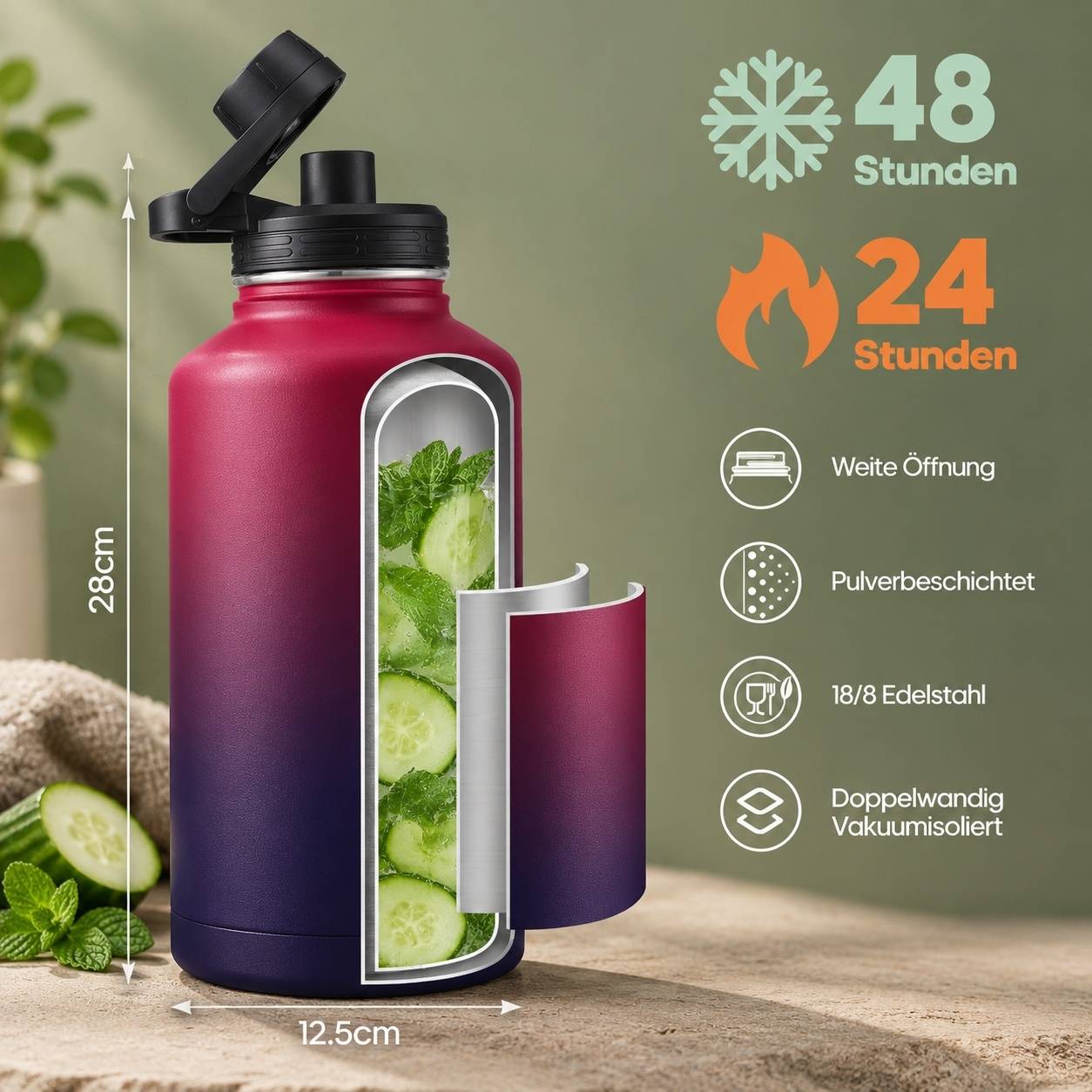 Bouteille Isotherme Acier Inoxydable Double Paroi Étanche 2 Couvercles pour Boissons Gazeuses Sport - Image 3