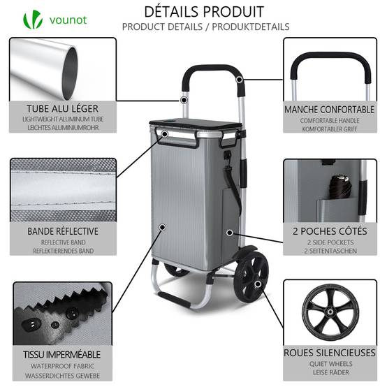 Chariot de course pliable aluminium 2 roues avec sac isotherme gris - Image 2